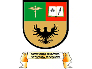 Institución Educativa Comercial de Envigado school crest with eagle, book, and quill