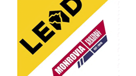 LEAD Monrovia Football Academy logo with yellow and white background and bold text