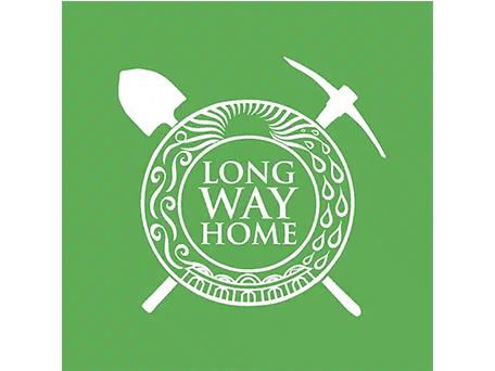 Long Way Home organization logo with shovel and pickaxe on green background