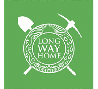 Long Way Home organization logo with shovel and pickaxe on green background