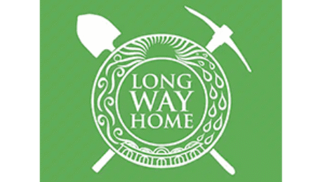 Long Way Home organization logo with shovel and pickaxe on green background
