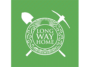 Long Way Home organization logo with shovel and pickaxe on green background