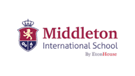 Middleton International School logo with maroon and blue crest featuring lion and crown