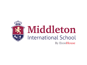 Middleton International School logo with maroon and blue crest featuring lion and crown