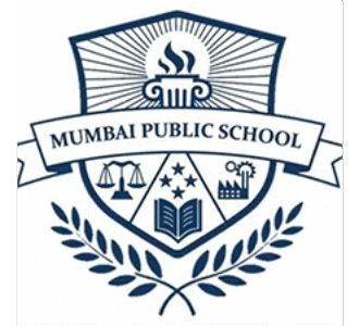 Mumbai Public School logo with torch, scales, book, and gear symbols on blue shield