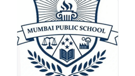 Mumbai Public School logo with torch, scales, book, and gear symbols on blue shield
