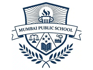 Mumbai Public School logo with torch, scales, book, and gear symbols on blue shield