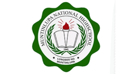 Muntinlupa National High School logo with open book, torch, and laurel wreath