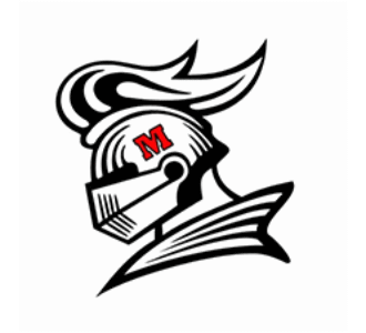School logo featuring a knight helmet with red letter M on the visor