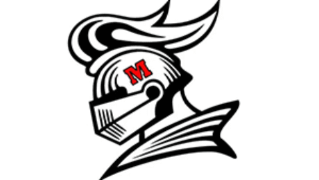 School logo featuring a knight helmet with red letter M on the visor