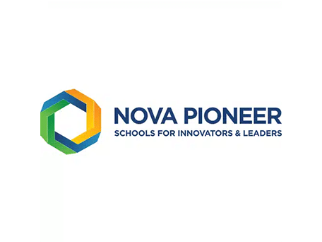 Nova Pioneer Logo Nova Pioneer logo with colourful geometric hexagon and tagline Schools for Innovators and Leaders