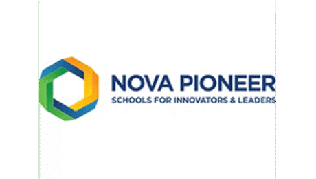 Nova Pioneer logo with colourful geometric hexagon and tagline Schools for Innovators and Leaders