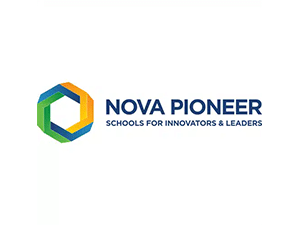 Nova Pioneer logo with colourful geometric hexagon and tagline Schools for Innovators and Leaders