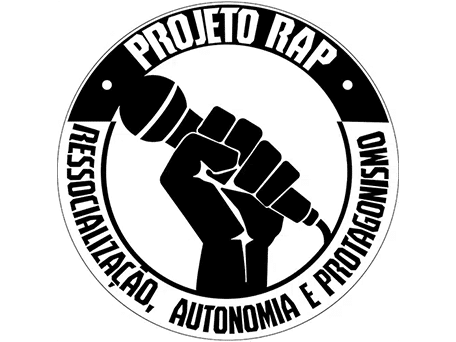 Projeto RAP logo with raised fist holding microphone and circular text Ressocialização Autonomia e Protagonismo