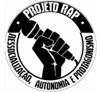 Projeto RAP logo with raised fist holding microphone and circular text Ressocialização Autonomia e Protagonismo