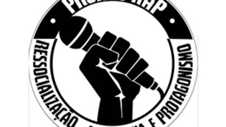 Projeto RAP logo with raised fist holding microphone and circular text Ressocialização Autonomia e Protagonismo