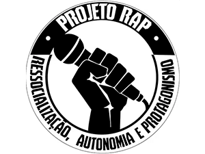 Projeto RAP logo with raised fist holding microphone and circular text Ressocialização Autonomia e Protagonismo