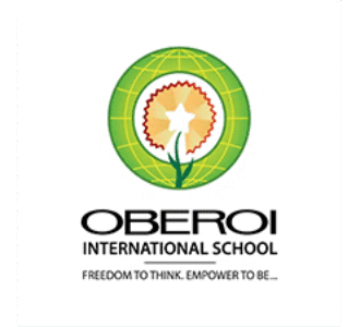 Logo of Oberoi International School in Mumbai, India, featuring a star-shaped flower within a globe, symbolizing growth, knowledge, and global learning.