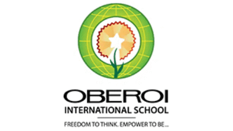 Logo of Oberoi International School in Mumbai, India, featuring a star-shaped flower within a globe, symbolizing growth, knowledge, and global learning.