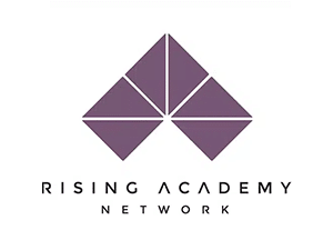 Rising Academy Network logo with purple geometric triangle design