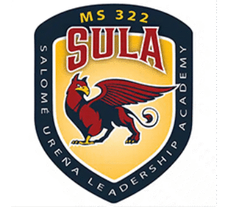 Logo of Community School Salomé Ureña Leadership Academy MS 322 (SULA), featuring a red and gold griffin symbol representing strength, leadership, and unity.
