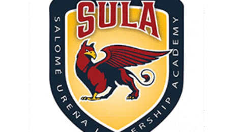Logo of Community School Salomé Ureña Leadership Academy MS 322 (SULA), featuring a red and gold griffin symbol representing strength, leadership, and unity.