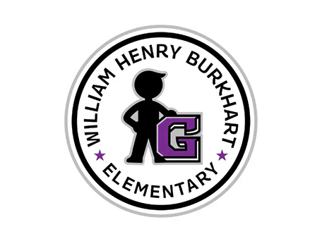 Logo of William Henry Burkhart Elementary School in Indianapolis, Indiana, featuring a student silhouette standing beside a purple letter G.