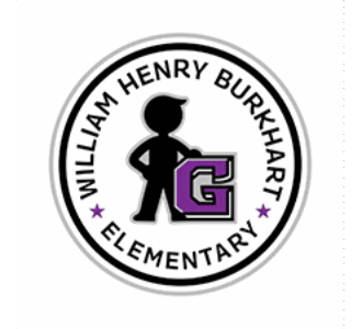 Logo of William Henry Burkhart Elementary School in Indianapolis, Indiana, featuring a student silhouette standing beside a purple letter G.
