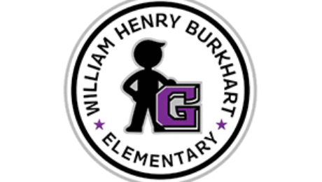 Logo of William Henry Burkhart Elementary School in Indianapolis, Indiana, featuring a student silhouette standing beside a purple letter G.