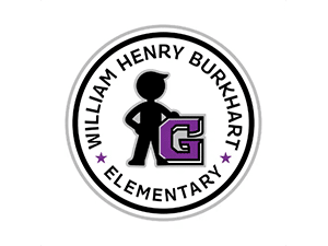 Logo of William Henry Burkhart Elementary School in Indianapolis, Indiana, featuring a student silhouette standing beside a purple letter G.