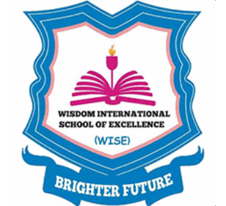 Wisdom International School of Excellence logo with open book, flame, and blue shield design