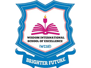 Wisdom International School of Excellence logo with open book, flame, and blue shield design