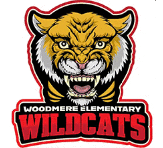 Woodmere Elementary Wildcats logo featuring fierce wildcat mascot in yellow and black with red text