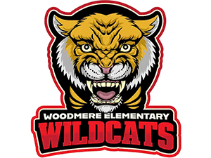 Woodmere Elementary Wildcats logo featuring fierce wildcat mascot in yellow and black with red text