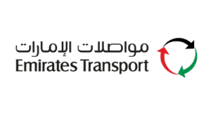 Emirates Transport logo with Arabic and English text beside circular arrows in red, green, and black