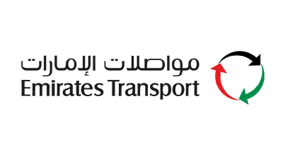 Emirates Transport logo with Arabic and English text beside circular arrows in red, green, and black