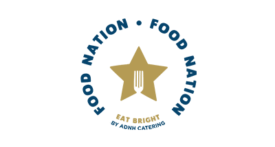 Food Nation logo featuring a gold star with a fork in the centre, surrounded by the words Food Nation and the tagline Eat Right by Adam Castillo
