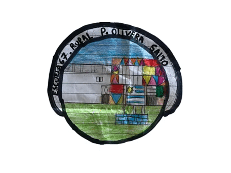 Hand-drawn school badge with buildings, colorful shapes, and text “E.E. Rural P. Olivero Santo” around the border