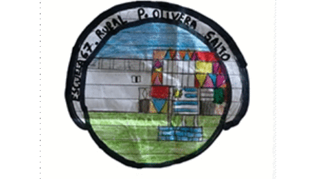 Hand-drawn school badge with buildings, colorful shapes, and text “E.E. Rural P. Olivero Santo” around the border