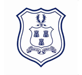 School crest with three tower symbols, laurel branch, and ribbon motto “Salvam Ole Libertate Peror”