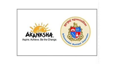 Akanksha logo with sun graphic and motto “Aspire. Achieve. Be the Change.” alongside the Brihanmumbai Municipal Corporation emblem