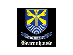 Beaconhouse school crest logo with lighthouse, waves, and motto “Seek the Light”