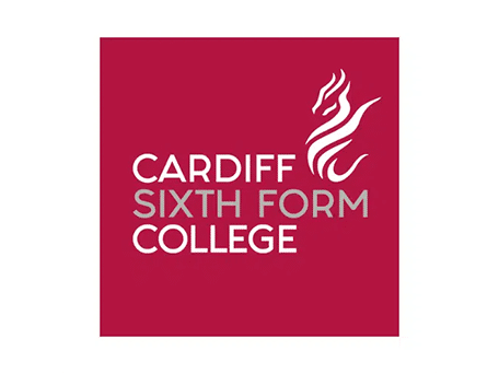 Cardiff Sixth Form College logo with white flame emblem on red background