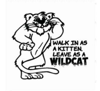 Cartoon wildcat mascot with text “Walk in as a kitten, leave as a wildcat”