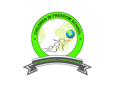 Children in Freedom School emblem with green circular border and inspirational motto Children in Freedom School logo with globe, children figures, and motto “Our greatness will change the world”
