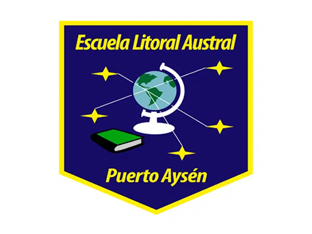 Escuela Litoral Austral Puerto Aysén logo with globe, book, and stars