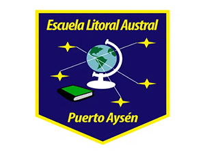 Escuela Litoral Austral Puerto Aysén logo with globe, book, and stars