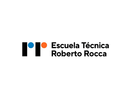 Escuela Técnica Roberto Rocca logo with abstract blue and orange circles and black bars