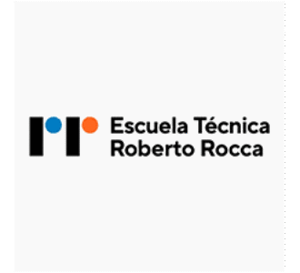 Escuela Técnica Roberto Rocca logo with abstract blue and orange circles and black bars