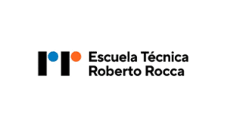 Escuela Técnica Roberto Rocca logo with abstract blue and orange circles and black bars